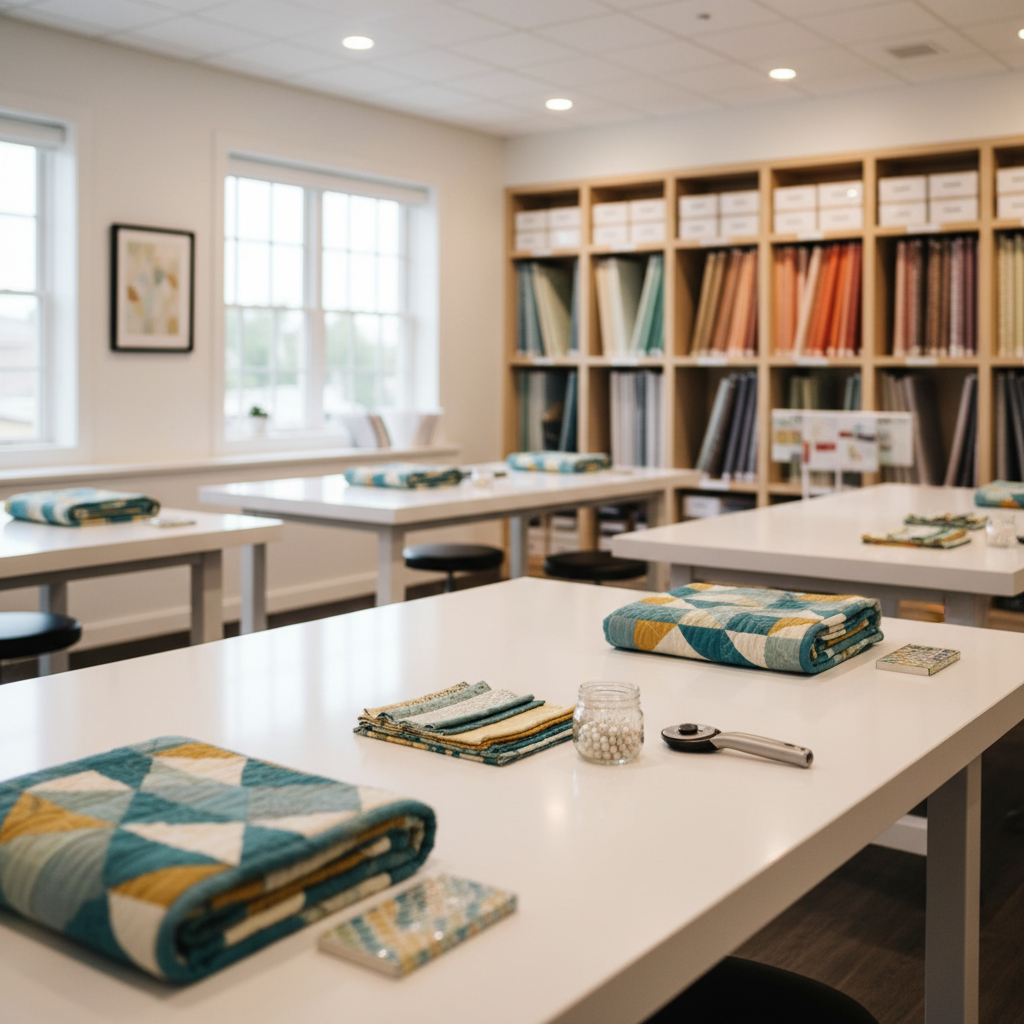 A refined classroom-style quilting space set up for a workshop, seen in photographic realism. Several large, smooth white worktables are neatly arranged in a light-filled studio, each table featuring a folded modern quilt sample, a matching bundle of coordinating fabrics, a rotary cutter, and a small glass jar of pins. Tall shelves in the softly blurred background hold color-coordinated fabric bolts and carefully labeled storage boxes. Natural daylight streams through expansive windows, enhanced by discreet recessed ceiling lights, creating an even, inviting brightness with minimal shadows. Shot from a slightly elevated, wide-angle perspective with sharp focus across the central tables, the atmosphere feels orderly, inspiring, and quietly luxurious, perfectly suited to sophisticated quilting classes.
