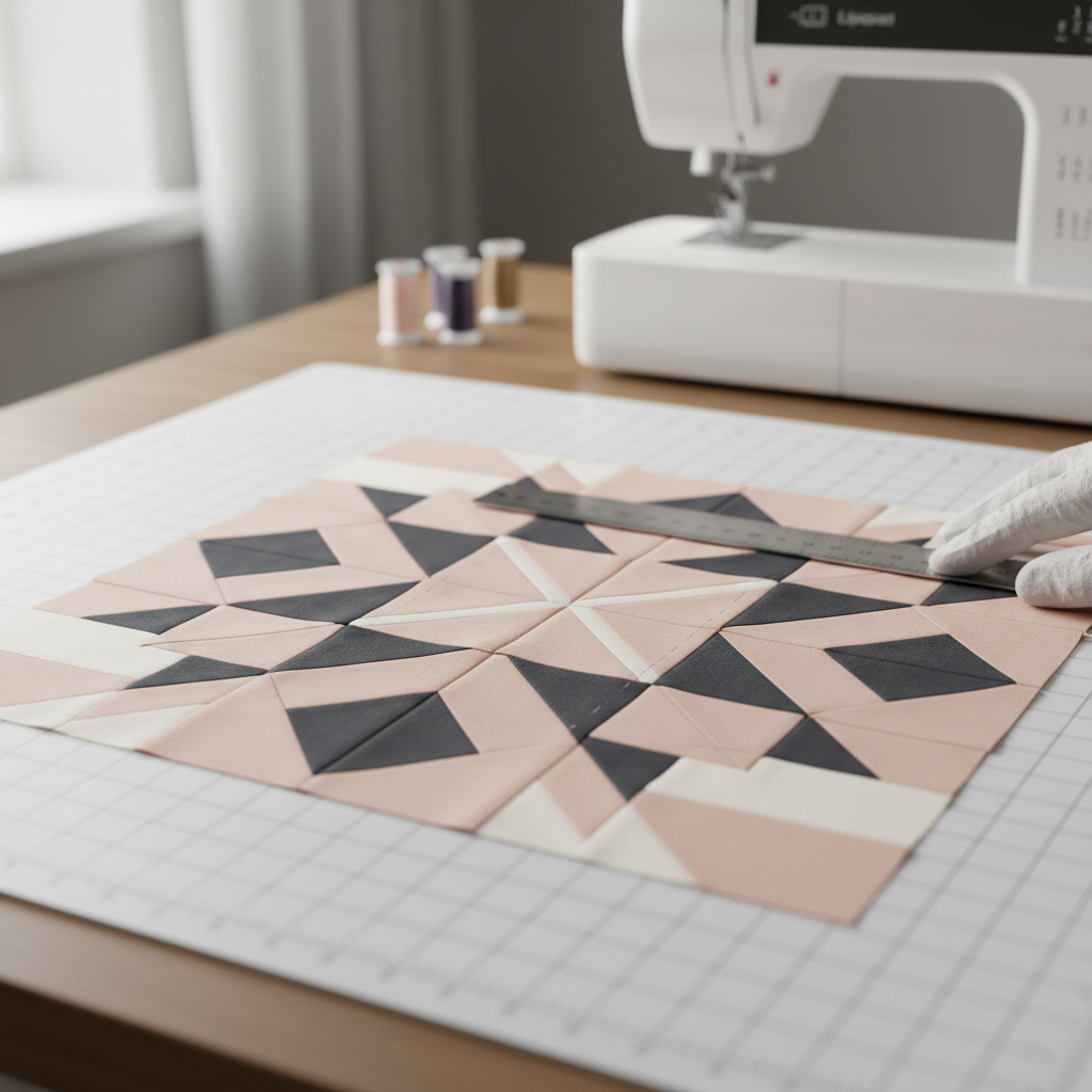 A close-up, photographic realism shot of a quilt block in progress, laid out on a pristine white cutting mat with faint grid lines. Precisely cut fabric pieces in soft blush, charcoal gray, and creamy white form an intricate star pattern. Fine chalk markings and a slim silver quilting ruler suggest careful planning. In the background, intentionally blurred, a sleek sewing machine and neatly wound bobbins hint at the broader studio. Soft side lighting from a nearby window creates delicate highlights on the cotton fibers and subtle shadows along the seams. Captured from a slightly elevated angle with shallow depth of field, the mood is focused, refined, and thoughtfully creative, highlighting the precision of sophisticated quilting.