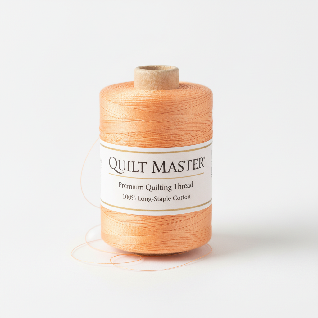 A close-up, well-lit photo of a spool of sewing thread in light lavender or soft orange, styled for a quilting brand product shot on a clean background