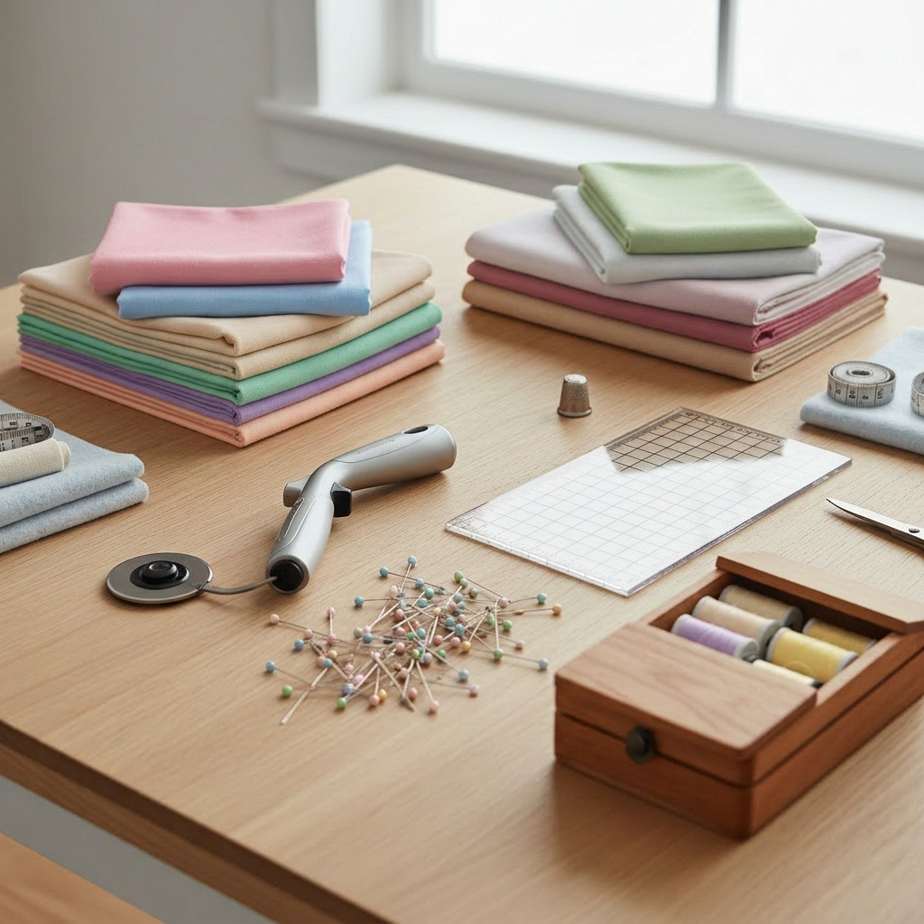An elegant flat-lay of premium quilting supplies arranged on a smooth, pale oak table. Stacks of neatly folded, high-quality cotton fabrics in coordinated jewel tones and neutrals create a refined palette. A brushed metal rotary cutter rests beside a clear acrylic ruler, with ultra-fine glass-head pins glinting nearby. A small wooden box holds spools of silk-finish thread in harmonious shades. Soft, diffused overhead lighting eliminates harsh shadows, giving a clean, modern look. The composition follows the rule of thirds, with the main tools in sharp focus and fabric edges fading into a gentle blur at the corners. The mood is orderly, curated, and sophisticated, ideal for showcasing a professional quilting workspace in photographic realism.