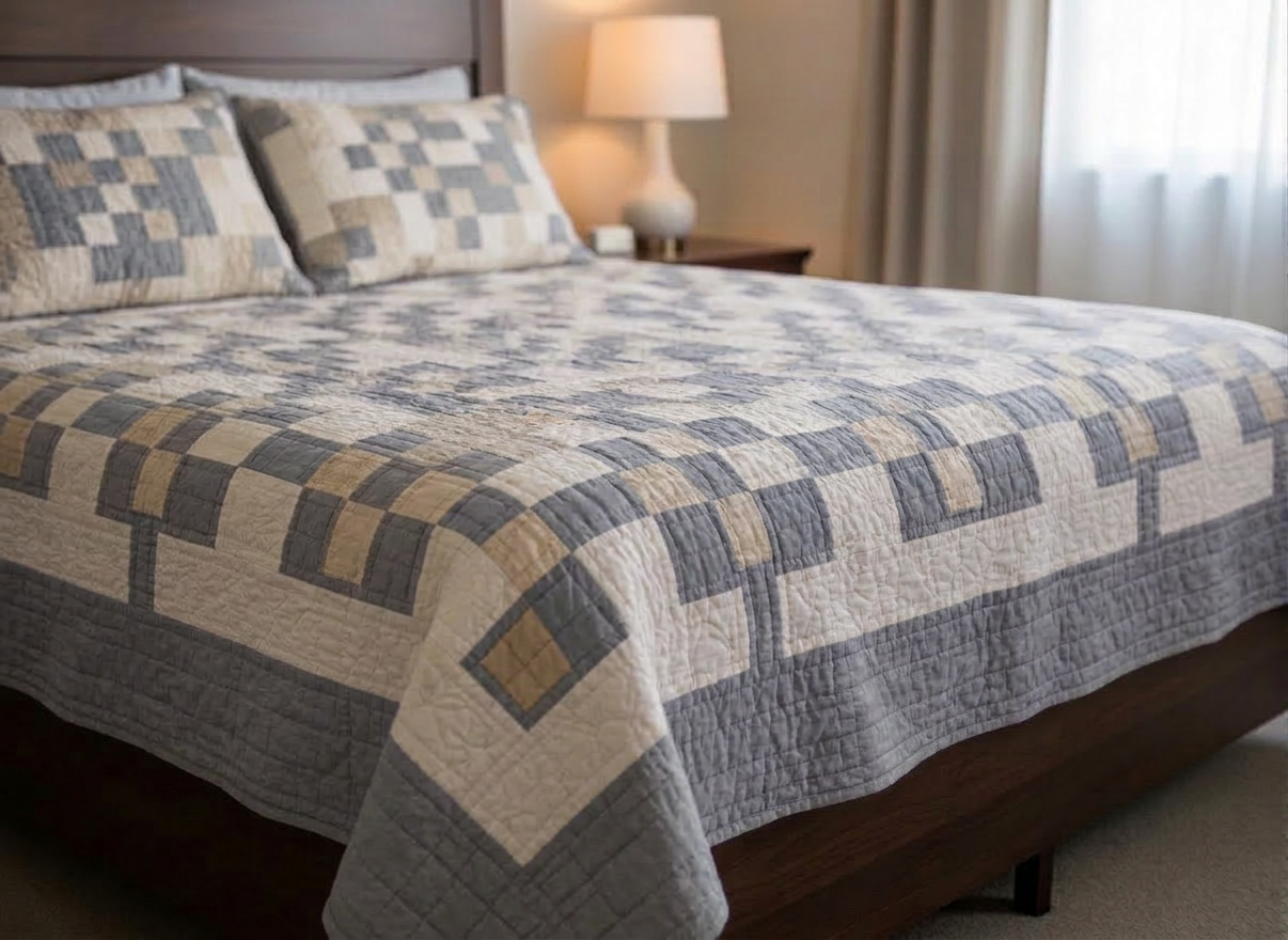 A luxurious, queen-size handmade quilt draped gracefully across a dark walnut bed in a serene bedroom. The quilt features meticulously pieced geometric blocks in deep navy, soft ivory, and muted gold, with subtle metallic thread catching the light. Fine, even stitching creates a delicate texture across the surface. Soft morning light filters through sheer linen curtains, casting gentle shadows and a calm glow over the scene. The background is softly blurred, hinting at a minimalist nightstand with a ceramic lamp. Photographed at an eye-level angle with a shallow depth of field, the composition feels sophisticated, warm, and inviting, emphasizing photographic realism and the refined craftsmanship of the quilt.