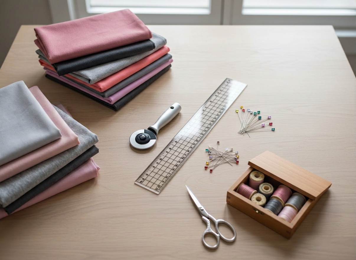 An elegant flat-lay of premium quilting supplies arranged on a smooth, pale oak table. Stacks of neatly folded, high-quality cotton fabrics in coordinated jewel tones and neutrals create a refined palette. A brushed metal rotary cutter rests beside a clear acrylic ruler, with ultra-fine glass-head pins glinting nearby. A small wooden box holds spools of silk-finish thread in harmonious shades. Soft, diffused overhead lighting eliminates harsh shadows, giving a clean, modern look. The composition follows the rule of thirds, with the main tools in sharp focus and fabric edges fading into a gentle blur at the corners. The mood is orderly, curated, and sophisticated, ideal for showcasing a professional quilting workspace in photographic realism.