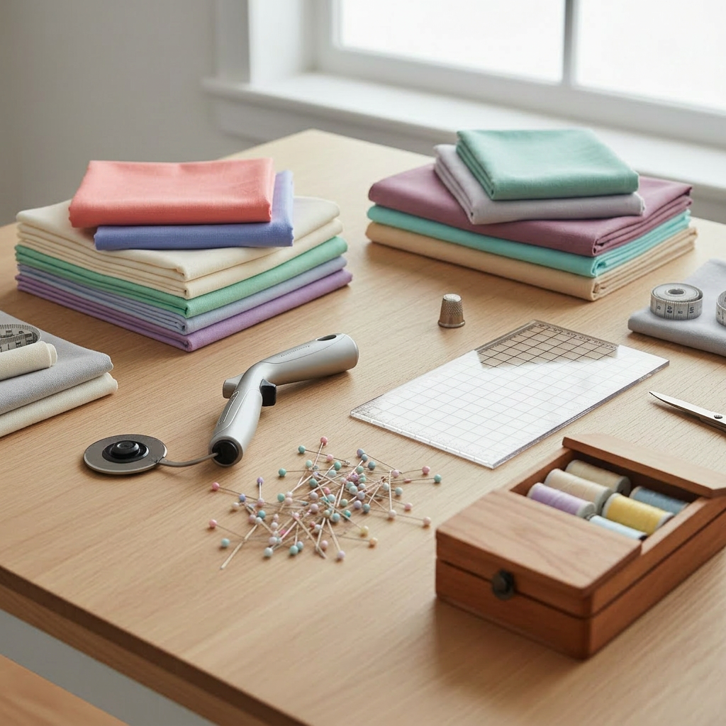 An elegant flat-lay of premium quilting supplies arranged on a smooth, pale oak table. Stacks of neatly folded, high-quality cotton fabrics in coordinated jewel tones and neutrals create a refined palette. A brushed metal rotary cutter rests beside a clear acrylic ruler, with ultra-fine glass-head pins glinting nearby. A small wooden box holds spools of silk-finish thread in harmonious shades. Soft, diffused overhead lighting eliminates harsh shadows, giving a clean, modern look. The composition follows the rule of thirds, with the main tools in sharp focus and fabric edges fading into a gentle blur at the corners. The mood is orderly, curated, and sophisticated, ideal for showcasing a professional quilting workspace in photographic realism.