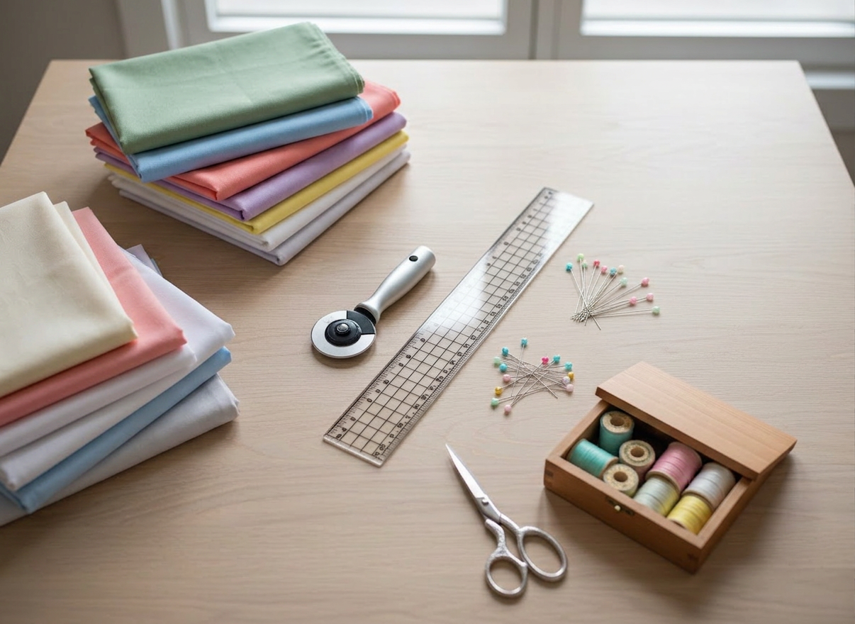An elegant flat-lay of premium quilting supplies arranged on a smooth, pale oak table. Stacks of neatly folded, high-quality cotton fabrics in coordinated jewel tones and neutrals create a refined palette. A brushed metal rotary cutter rests beside a clear acrylic ruler, with ultra-fine glass-head pins glinting nearby. A small wooden box holds spools of silk-finish thread in harmonious shades. Soft, diffused overhead lighting eliminates harsh shadows, giving a clean, modern look. The composition follows the rule of thirds, with the main tools in sharp focus and fabric edges fading into a gentle blur at the corners. The mood is orderly, curated, and sophisticated, ideal for showcasing a professional quilting workspace in photographic realism.