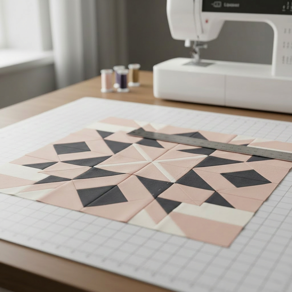 A close-up, photographic realism shot of a quilt block in progress, laid out on a pristine white cutting mat with faint grid lines. Precisely cut fabric pieces in soft blush, charcoal gray, and creamy white form an intricate star pattern. Fine chalk markings and a slim silver quilting ruler suggest careful planning. In the background, intentionally blurred, a sleek sewing machine and neatly wound bobbins hint at the broader studio. Soft side lighting from a nearby window creates delicate highlights on the cotton fibers and subtle shadows along the seams. Captured from a slightly elevated angle with shallow depth of field, the mood is focused, refined, and thoughtfully creative, highlighting the precision of sophisticated quilting.