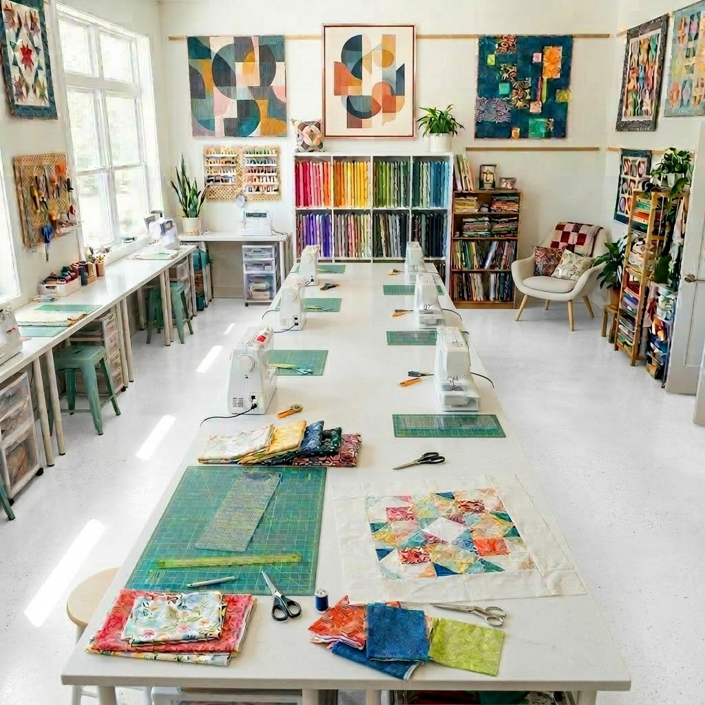 Women working on quilting projects at a long table with sewing machines and colorful fabric pieces