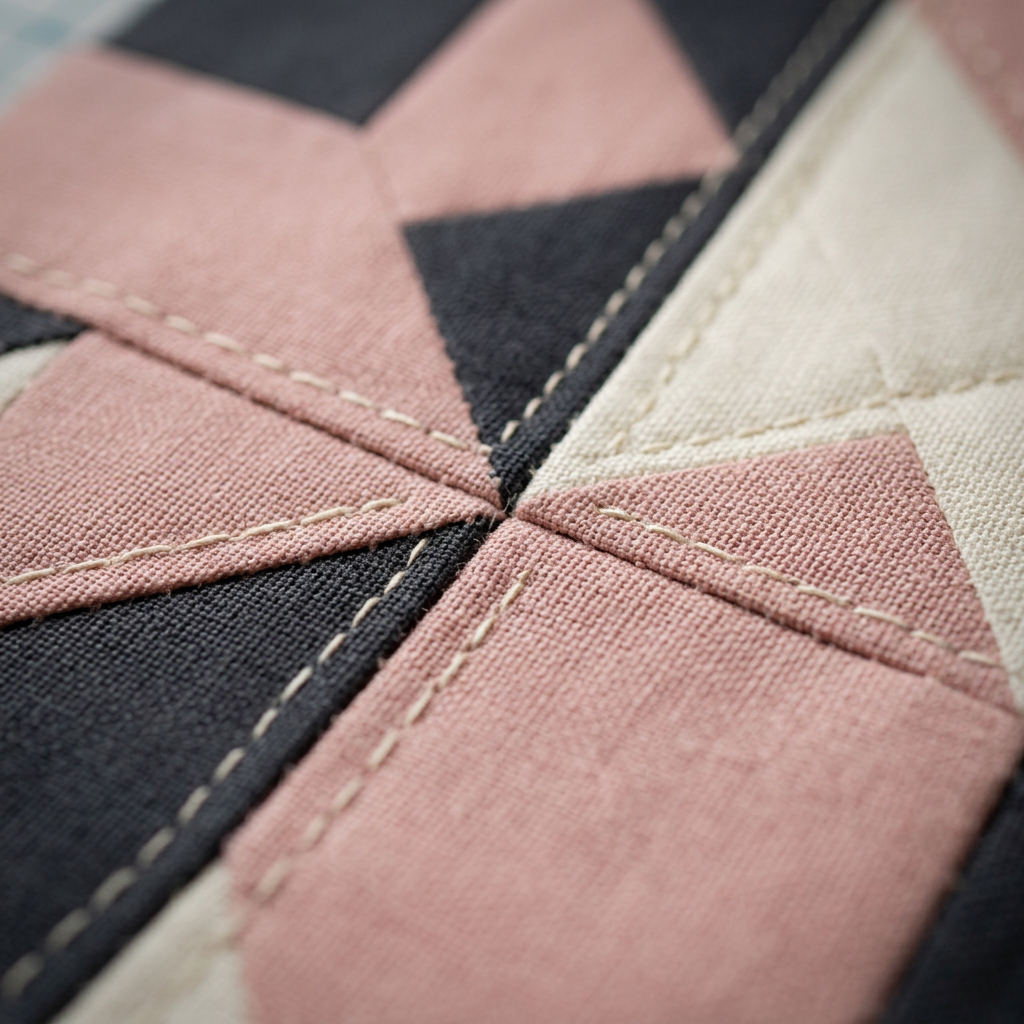 A close-up, photographic realism shot of a quilt block in progress, laid out on a pristine white cutting mat with faint grid lines. Precisely cut fabric pieces in soft blush, charcoal gray, and creamy white form an intricate star pattern. Fine chalk markings and a slim silver quilting ruler suggest careful planning. In the background, intentionally blurred, a sleek sewing machine and neatly wound bobbins hint at the broader studio. Soft side lighting from a nearby window creates delicate highlights on the cotton fibers and subtle shadows along the seams. Captured from a slightly elevated angle with shallow depth of field, the mood is focused, refined, and thoughtfully creative, highlighting the precision of sophisticated quilting.
