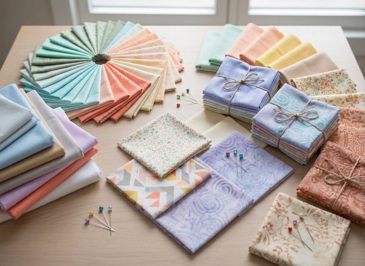 An elegant flat-lay of premium quilting supplies arranged on a smooth, pale oak table. Stacks of neatly folded, high-quality cotton fabrics in coordinated jewel tones and neutrals create a refined palette. A brushed metal rotary cutter rests beside a clear acrylic ruler, with ultra-fine glass-head pins glinting nearby. A small wooden box holds spools of silk-finish thread in harmonious shades. Soft, diffused overhead lighting eliminates harsh shadows, giving a clean, modern look. The composition follows the rule of thirds, with the main tools in sharp focus and fabric edges fading into a gentle blur at the corners. The mood is orderly, curated, and sophisticated, ideal for showcasing a professional quilting workspace in photographic realism.