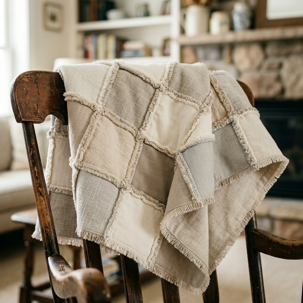 Patchwork quilt with various patterned fabric squares draped over a wooden chair