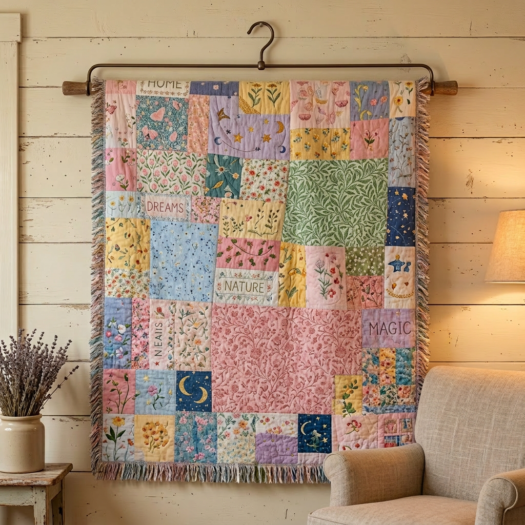 Patchwork quilt with floral and nature designs hanging on wooden stand in flower-filled meadow at sunset