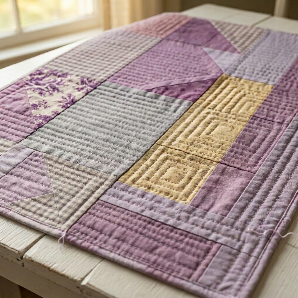 Close-up of hand-stitched fabric patches with floral and checkered patterns on a quilt