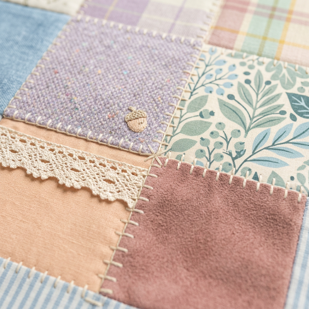 Hand-stitched patches of green, blue, and red patterned fabric sewn with cream yarn