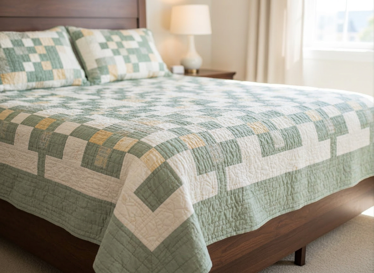 quilting A luxurious, queen-size handmade quilt draped gracefully across a dark walnut bed in a serene bedroom. The quilt features meticulously pieced geometric blocks in deep navy, soft ivory, and muted gold, with subtle metallic thread catching the light. Fine, even stitching creates a delicate texture across the surface. Soft morning light filters through sheer linen curtains, casting gentle shadows and a calm glow over the scene. The background is softly blurred, hinting at a minimalist nightstand with a ceramic lamp. Photographed at an eye-level angle with a shallow depth of field, the composition feels sophisticated, warm, and inviting, emphasizing photographic realism and the refined craftsmanship of the quilt.