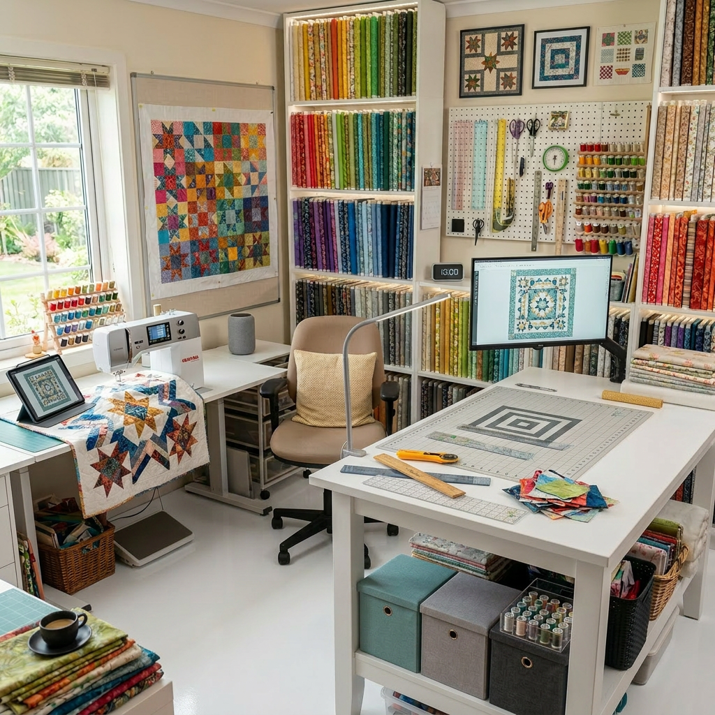 A woman cutting fabric squares on a wooden table in a colorful quilting studio