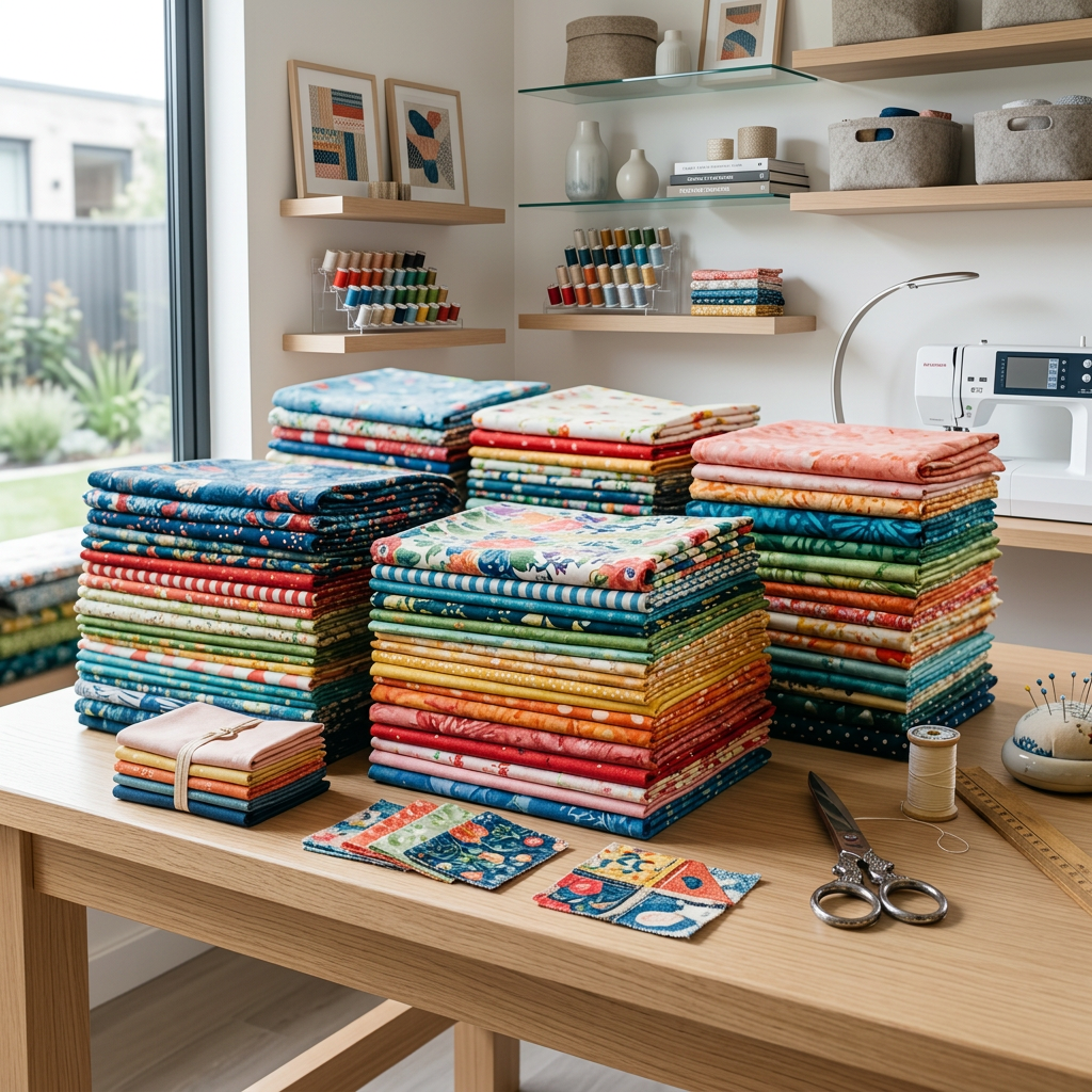 Neatly stacked colorful quilting fabrics on a wooden table with scissors and sewing tools