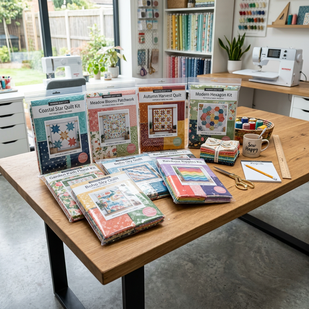 Multiple quilt kits in plastic packaging arranged on a table with a sewing machine and sewing supplies in the background