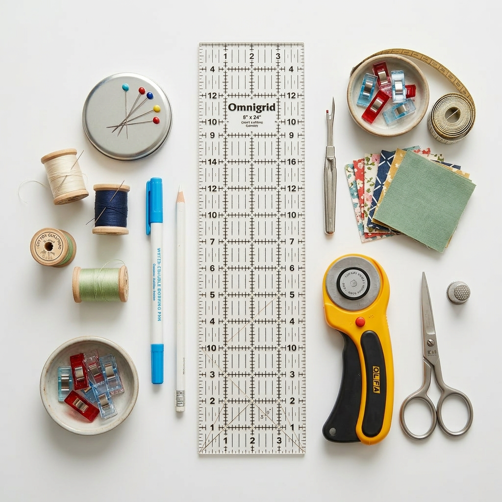 Quilting tools including rotary cutter, ruler, scissors, spools of thread, fabric squares, pins, clips, and marking tools