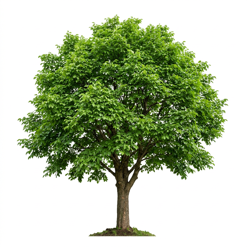 Deciduous tree with full green leaves and sturdy trunk