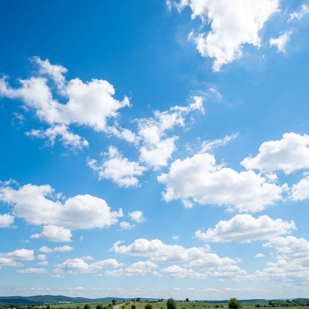 Blue sky with scattered white clouds above green rolling hills
