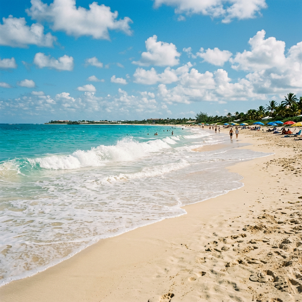 Tropical sandy beach with turquoise waves and people walking and swimming