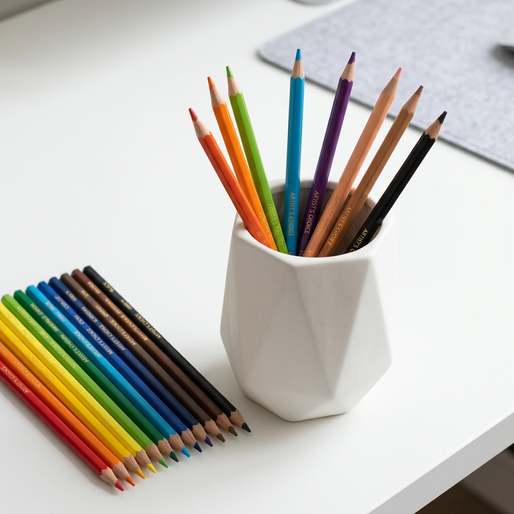 Row of colored pencils in various colors arranged in order