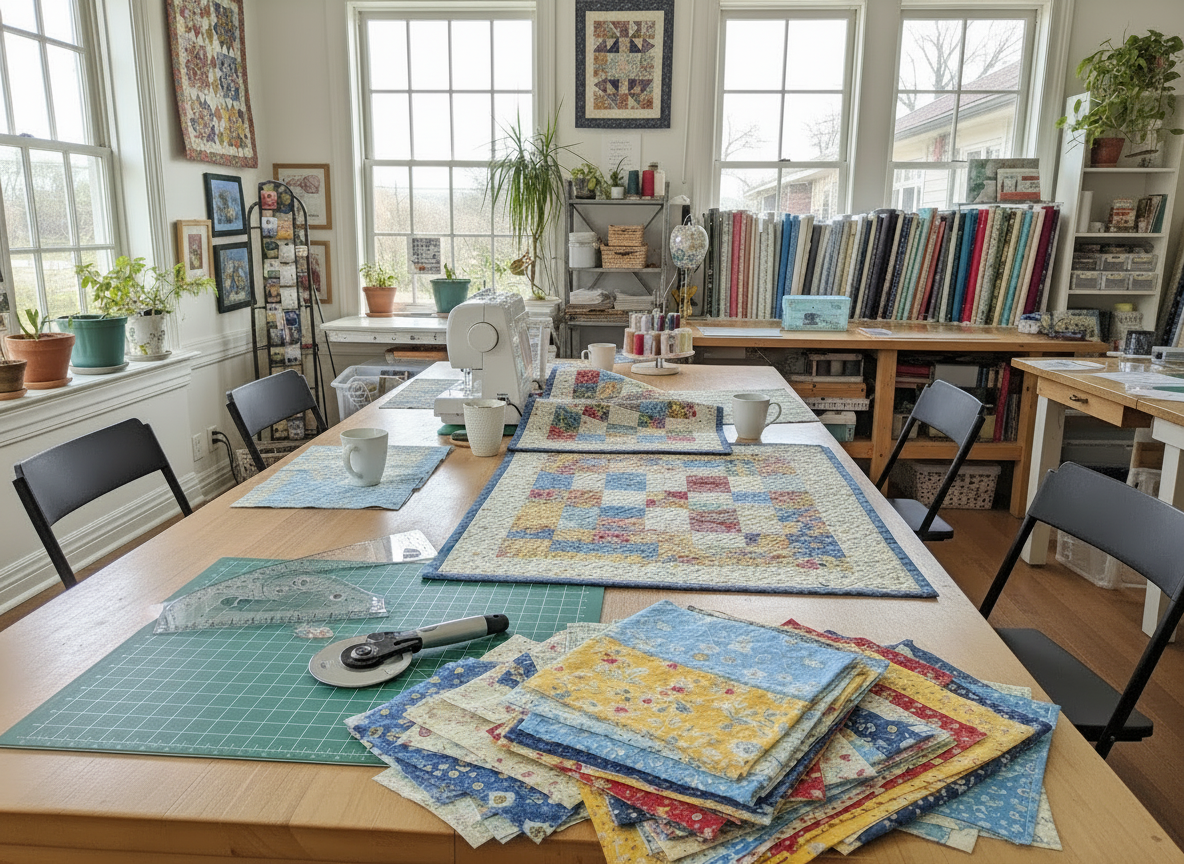 A cozy, close-up quilting scene with colorful fabric squares, a cutting mat, rotary cutter, quilting rulers, thread spools, and a partially sewn quilt top under a sewing machine needle, in a bright, welcoming studio, with no people visible in the image.