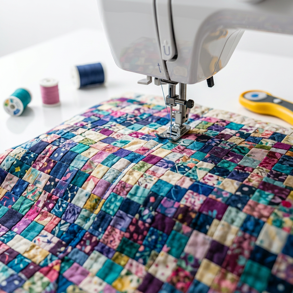 Woman sewing a quilt square on a Janome sewing machine in a craft room with fabrics and quilt patterns