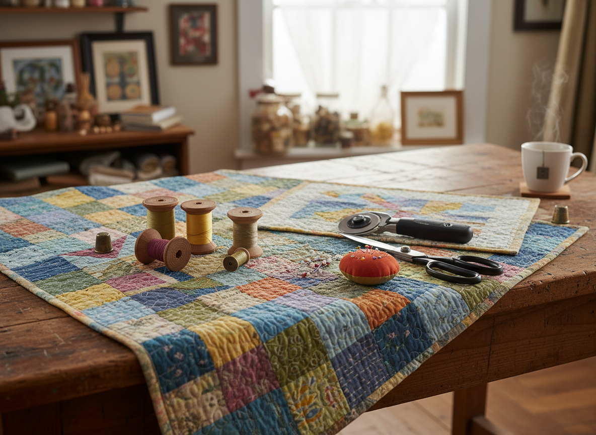 colorful handmade patchwork quilt with spools of thread and quilting tools on a table, bright but soft colors, cozy craft studio vibe