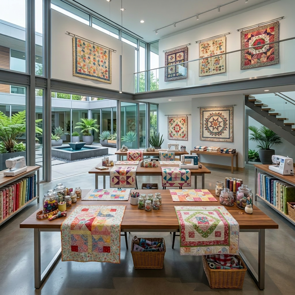quilting-retreat-scene-no-people A bright, inviting quilting retreat lodge interior with large wooden tables, colorful patchwork quilts in progress, neatly stacked fabric bundles, sewing notions, and soft natural light streaming through big windows. No people are present — the room feels calm, organized, and ready for quilters to arrive.