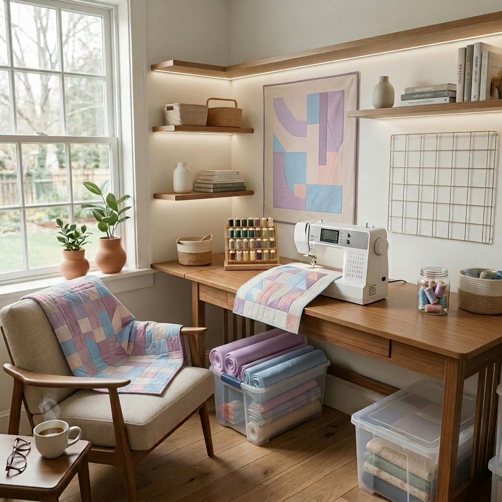 Quilting workspace with sewing machine, colorful fabrics, quilted chair, and organized craft supplies