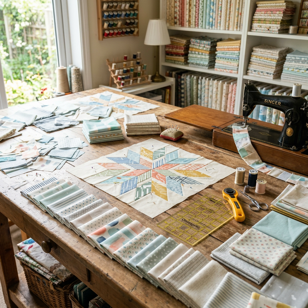 Quilting workspace with fabric squares, sewing tools, and vintage Singer machine
