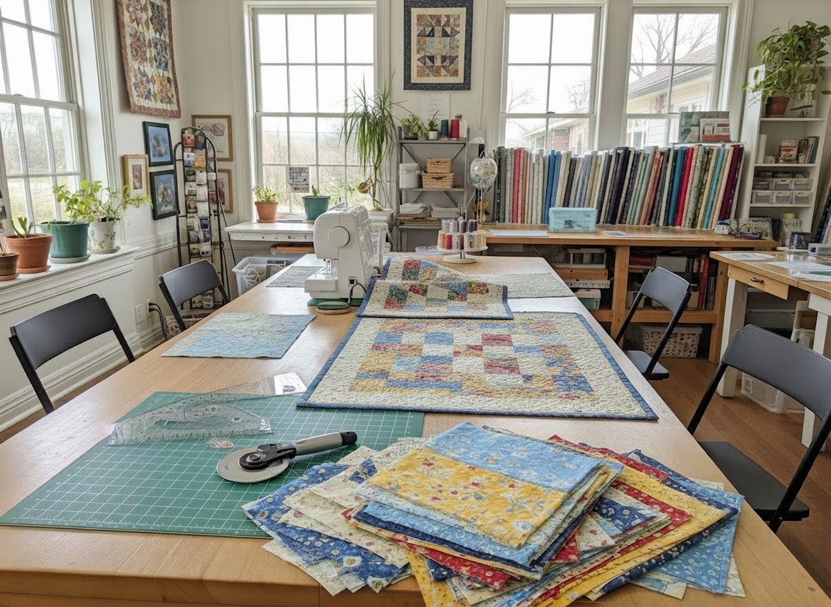 A cozy, close-up quilting scene with colorful fabric squares, a cutting mat, rotary cutter, quilting rulers, thread spools, and a partially sewn quilt top under a sewing machine needle, in a bright, welcoming studio, with no people visible in the image.