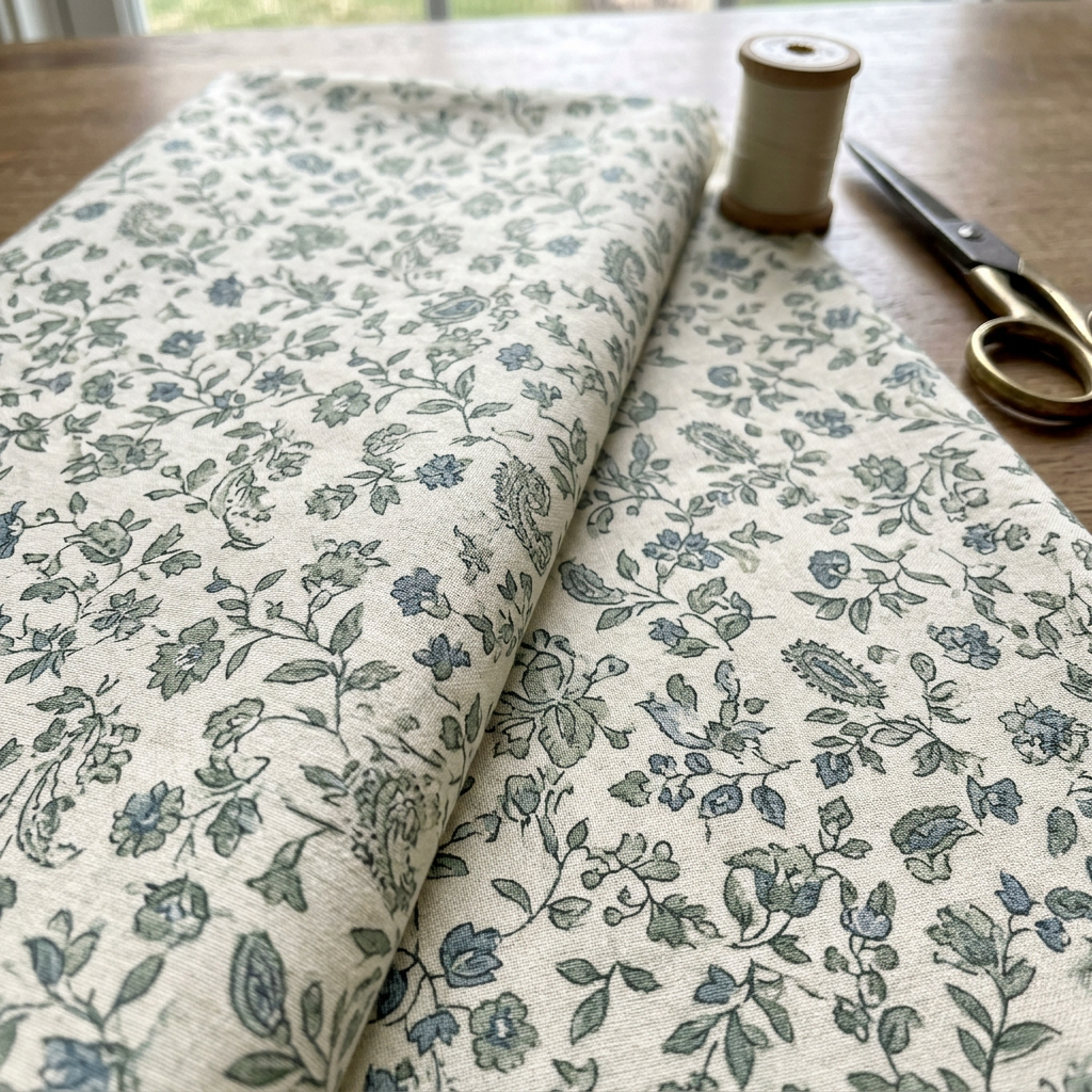 wooden floor to white Folded cream fabric with green and blue floral pattern beside scissors and spool of thread
