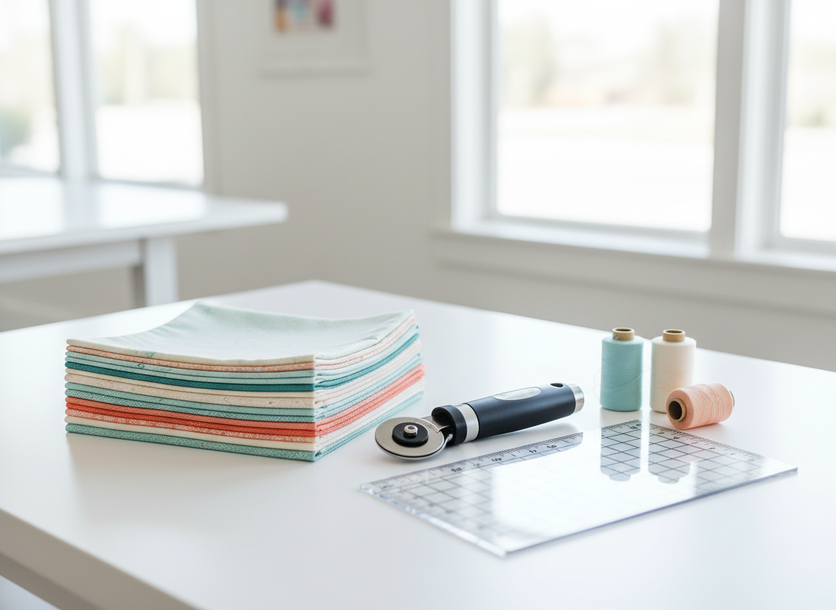 A modern, bright quilting studio scene photographed from a slight angle on a clean white table. Neatly stacked contemporary fabric squares in teal, aqua, soft orange, and cream tones. A sleek rotary cutter, clear acrylic quilting ruler, and a few thread spools arranged in a clean, minimal composition. Sharp, well-lit, contemporary photography style — not vintage, not rustic. No people. Crisp and fresh.