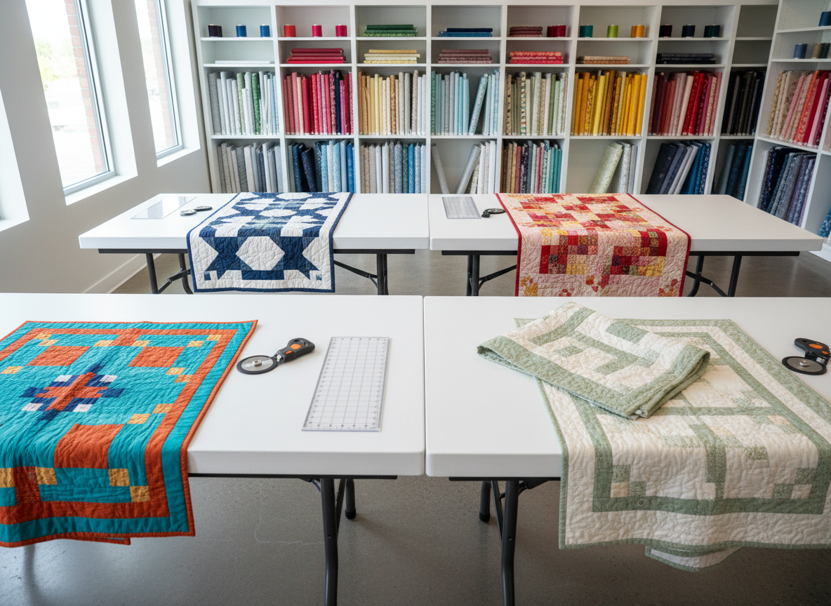A refined classroom-style quilting space set up for a workshop, seen in photographic realism. Several large, smooth white worktables are neatly arranged in a light-filled studio, each table featuring a folded modern quilt sample, a matching bundle of coordinating fabrics, a rotary cutter, and a small glass jar of pins. Tall shelves in the softly blurred background hold color-coordinated fabric bolts and carefully labeled storage boxes. Natural daylight streams through expansive windows, enhanced by discreet recessed ceiling lights, creating an even, inviting brightness with minimal shadows. Shot from a slightly elevated, wide-angle perspective with sharp focus across the central tables, the atmosphere feels orderly, inspiring, and quietly luxurious, perfectly suited to sophisticated quilting classes.