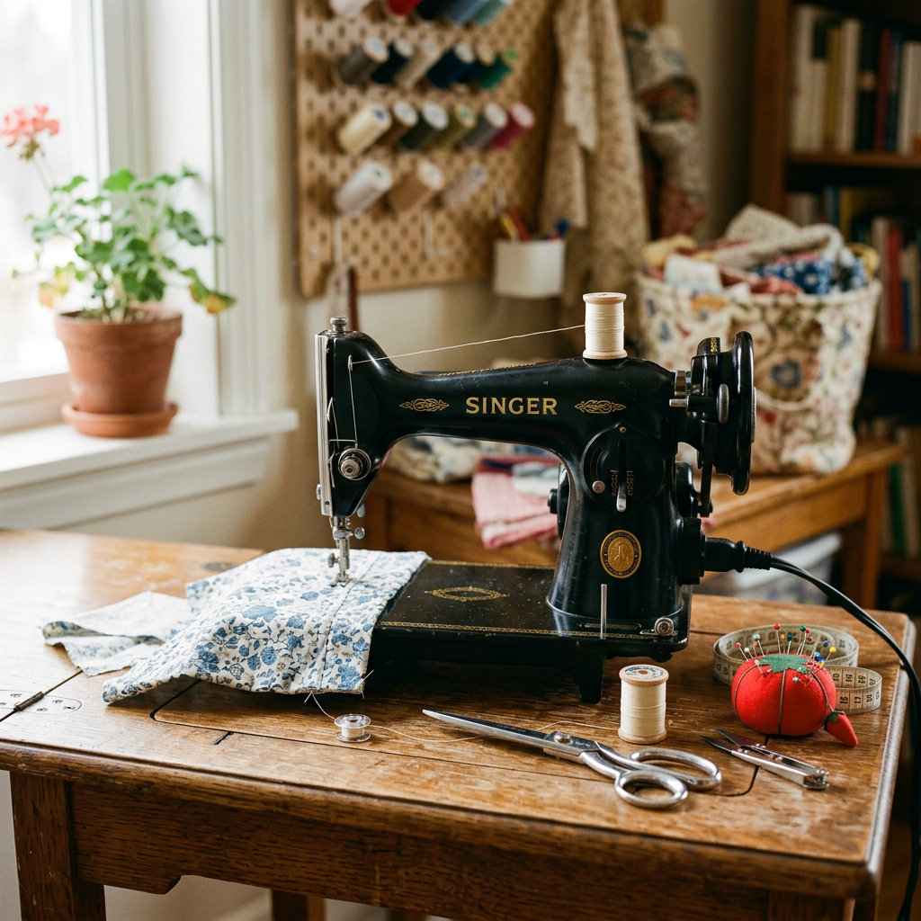 Black Singer sewing machine on wooden table with fabric, scissors, thread, and pincushion
