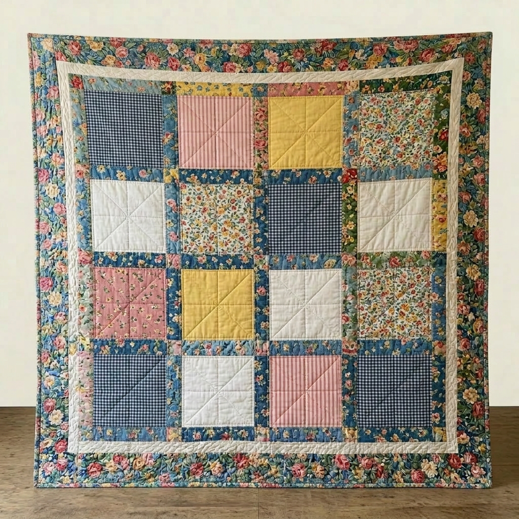 Wooden bed with colorful floral patchwork quilt and embroidered pillows