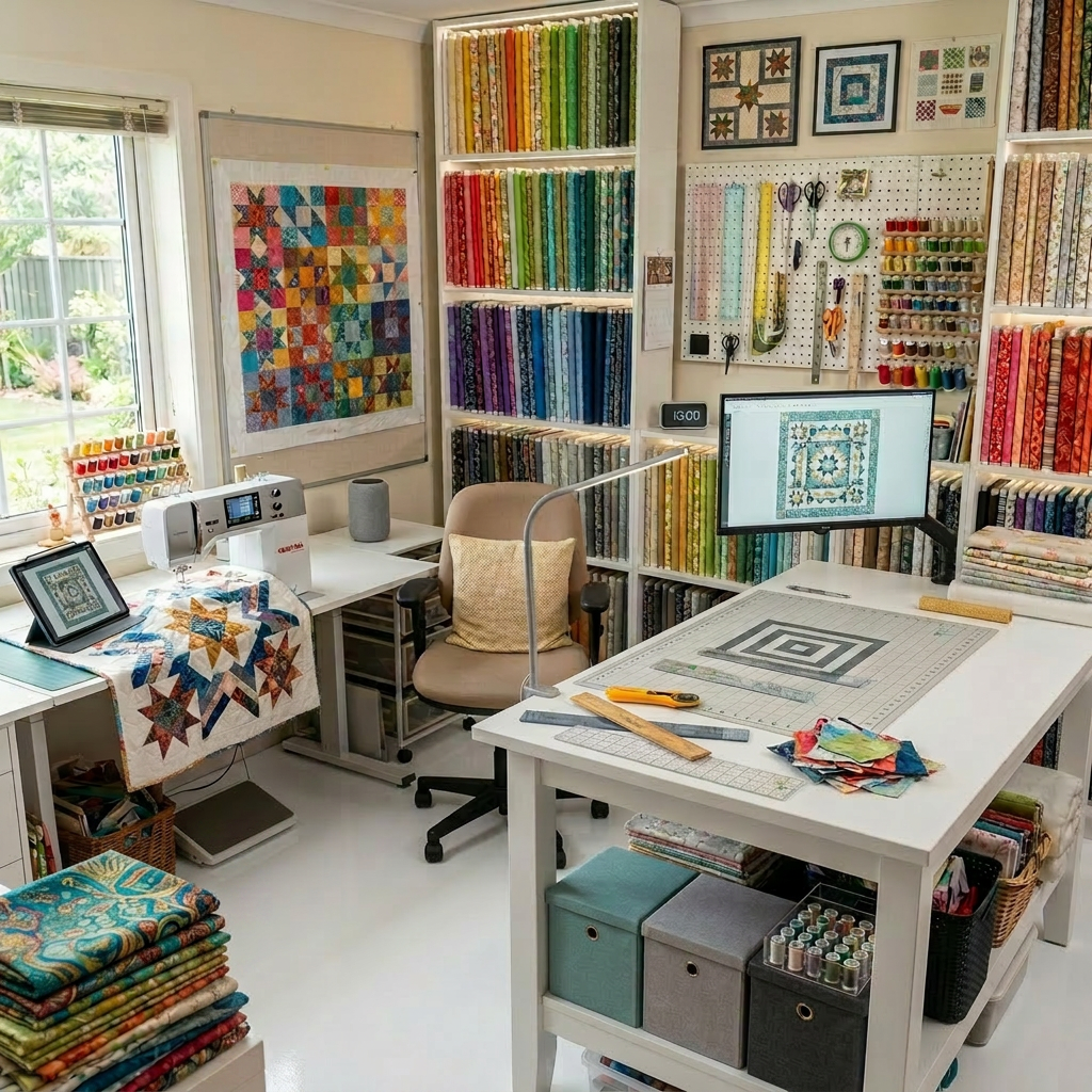 Colourful quilting studio workspace A woman cutting fabric squares on a wooden table in a colorful quilting studio