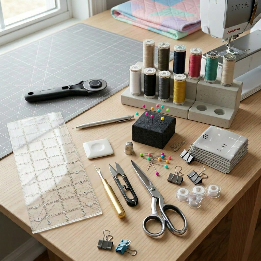 Organized sewing tools and materials Sewing tools including scissors, thread spools, pins, ruler, rotary cutter, fabric pieces, and sewing machine