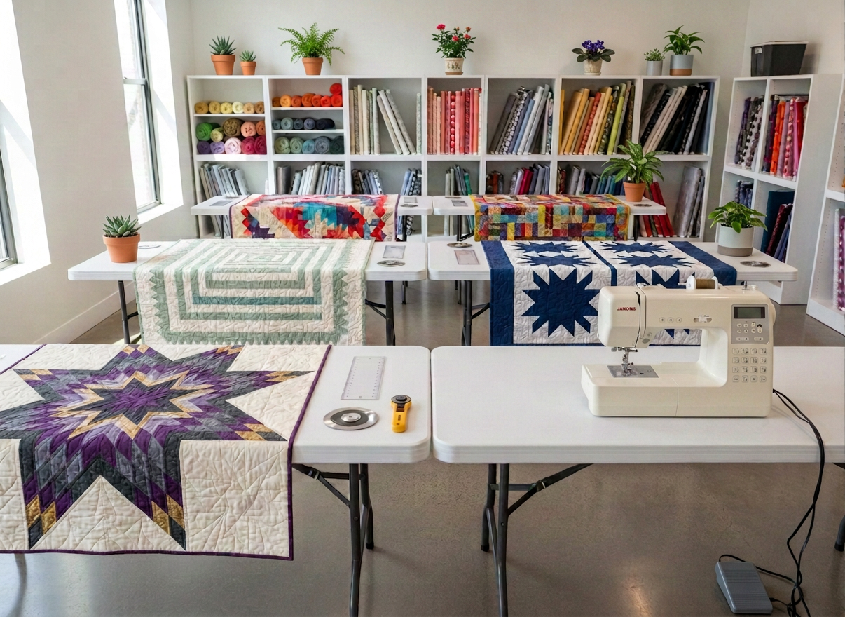 A modern, bright classroom-style quilting studio with several white worktables arranged in rows. Each table has a DIFFERENT quilt on it: the first table has a bold teal and orange geometric patchwork quilt, the second table has a soft cream and green log cabin pattern quilt, the third table has a navy and white star pattern quilt, and the fourth table has a multicolored scrappy quilt with warm tones. Each quilt looks visually distinct and different from the others. Clean rotary cutters and rulers on each table. Tall shelves in the background with fabric bolts. Natural daylight from large windows. Modern, crisp, professional photography style — not vintage, not rustic. No people.