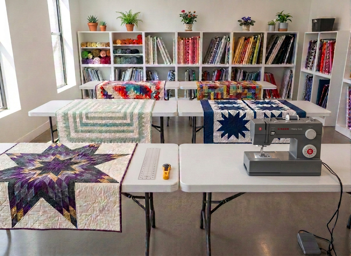 A modern, bright classroom-style quilting studio with several white worktables arranged in rows. Each table has a DIFFERENT quilt on it: the first table has a bold teal and orange geometric patchwork quilt, the second table has a soft cream and green log cabin pattern quilt, the third table has a navy and white star pattern quilt, and the fourth table has a multicolored scrappy quilt with warm tones. Each quilt looks visually distinct and different from the others. Clean rotary cutters and rulers on each table. Tall shelves in the background with fabric bolts. Natural daylight from large windows. Modern, crisp, professional photography style — not vintage, not rustic. No people.