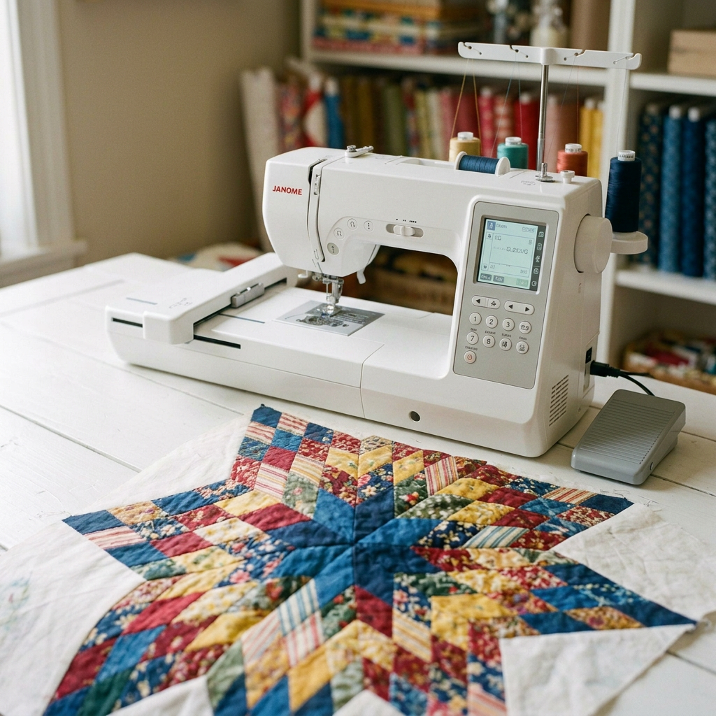 Person quilting a multicolored star-patterned fabric on a vintage Singer sewing machine