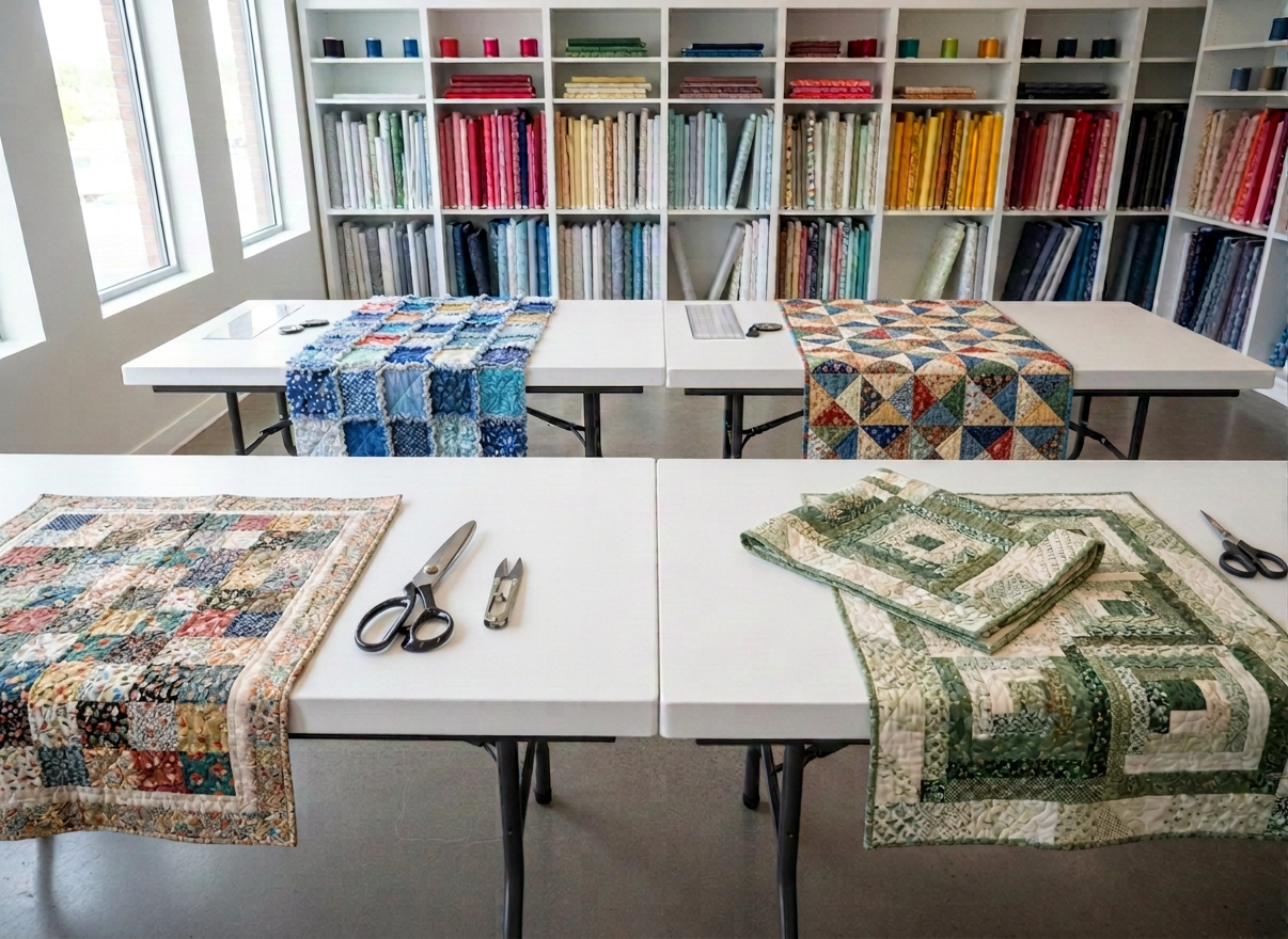 quilting-studio-four-tables-varied-quilts A modern, bright photorealistic classroom-style quilting studio with exactly four large white worktables visible, arranged in a 2x2 grid layout. Each table has a completely different folded quilt on it: Table 1 (front left) has a bold teal and orange geometric patchwork quilt. Table 2 (front right) has a soft cream and sage green log cabin pattern quilt. Table 3 (back left) has a navy blue and white star block quilt. Table 4 (back right) has a warm multicolored scrappy quilt with red, yellow, and pink tones. Each quilt is visually distinct with different colors and patterns. Each table also has a rotary cutter and ruler. Tall shelves in the background with neatly organized fabric bolts. Natural light from large windows. Modern, clean, professional photography — not vintage, not rustic. No people.