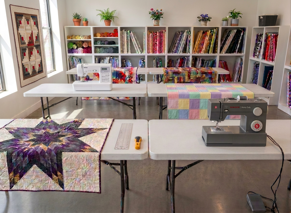 quilting-studio-distinct-quilts A modern, bright classroom-style quilting studio with several white worktables arranged in rows. Each table has a DIFFERENT quilt on it: the first table has a bold teal and orange geometric patchwork quilt, the second table has a soft cream and green log cabin pattern quilt, the third table has a navy and white star pattern quilt, and the fourth table has a multicolored scrappy quilt with warm tones. Each quilt looks visually distinct and different from the others. Clean rotary cutters and rulers on each table. Tall shelves in the background with fabric bolts. Natural daylight from large windows. Modern, crisp, professional photography style — not vintage, not rustic. No people.