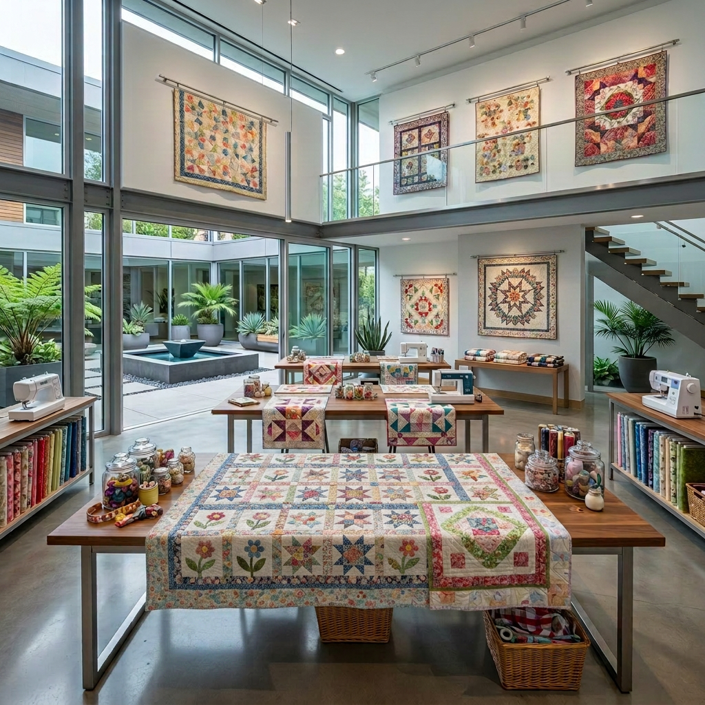 quilting-retreat-scene-no-people A bright, inviting quilting retreat lodge interior with large wooden tables, colorful patchwork quilts in progress, neatly stacked fabric bundles, sewing notions, and soft natural light streaming through big windows. No people are present — the room feels calm, organized, and ready for quilters to arrive.