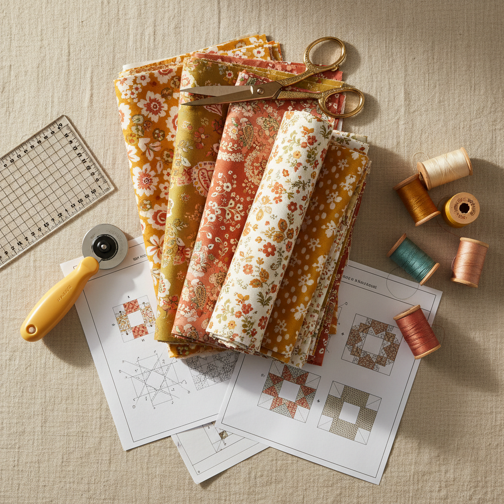 A warm flat lay of quilting items