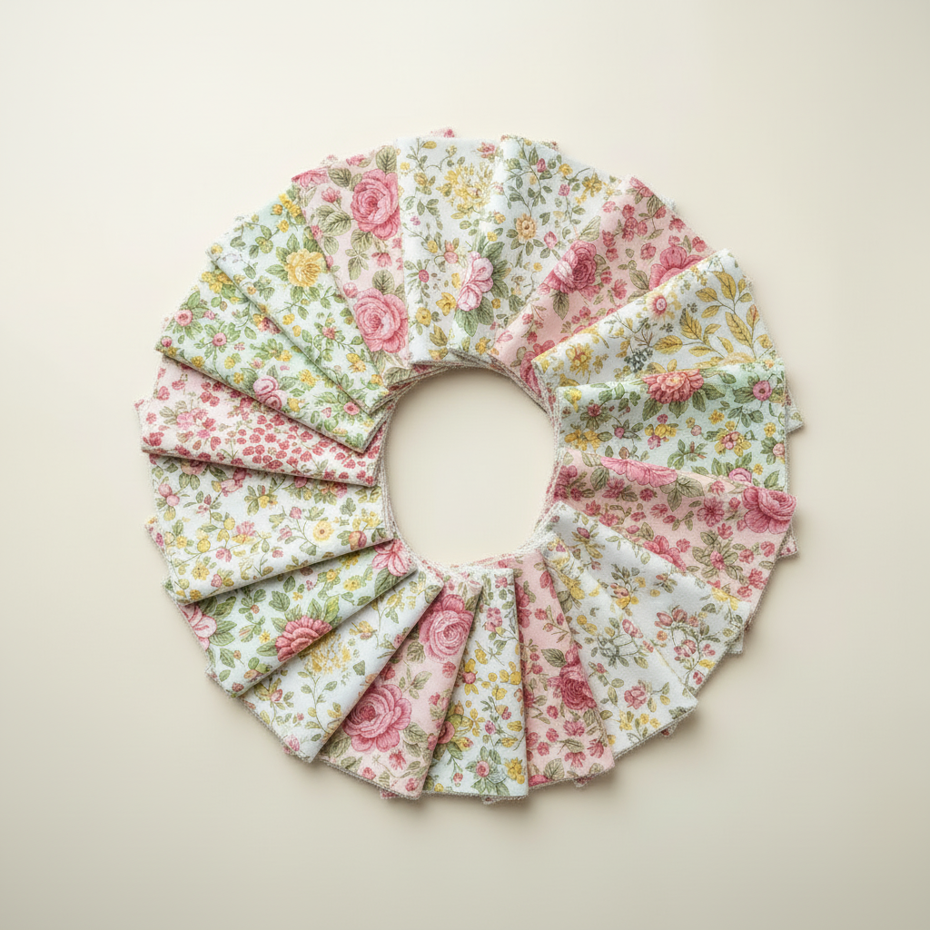 Edit the existing image while keeping the circular arrangement of the floral cotton fabric pieces. Make the fabric colors brighter and more cheerful, featuring a balanced mix of fresh pinks, rosy pinks, leafy greens, and light complementary tones. Increase the overall brightness and keep the background light, airy, and pale cream. Preserve the clearly visible fabric prints, texture, square composition, and product-photography style.