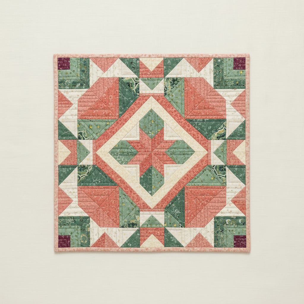 Redesign the existing Block of the Month quilt pattern image with a fresh, contemporary quilting aesthetic. Keep the same overall quilt-block concept and recognizable geometric structure, but replace the dated color palette with appealing sophisticated colors: soft blush pink, sage and leafy greens, warm cream, muted coral, and a small amount of deep berry for contrast. Use harmonious modern fabric prints, clearer contrast between the shapes, balanced color distribution, and a clean light background. Make it look polished, inviting, and suitable for a premium quilting subscription page. Preserve the square composition.