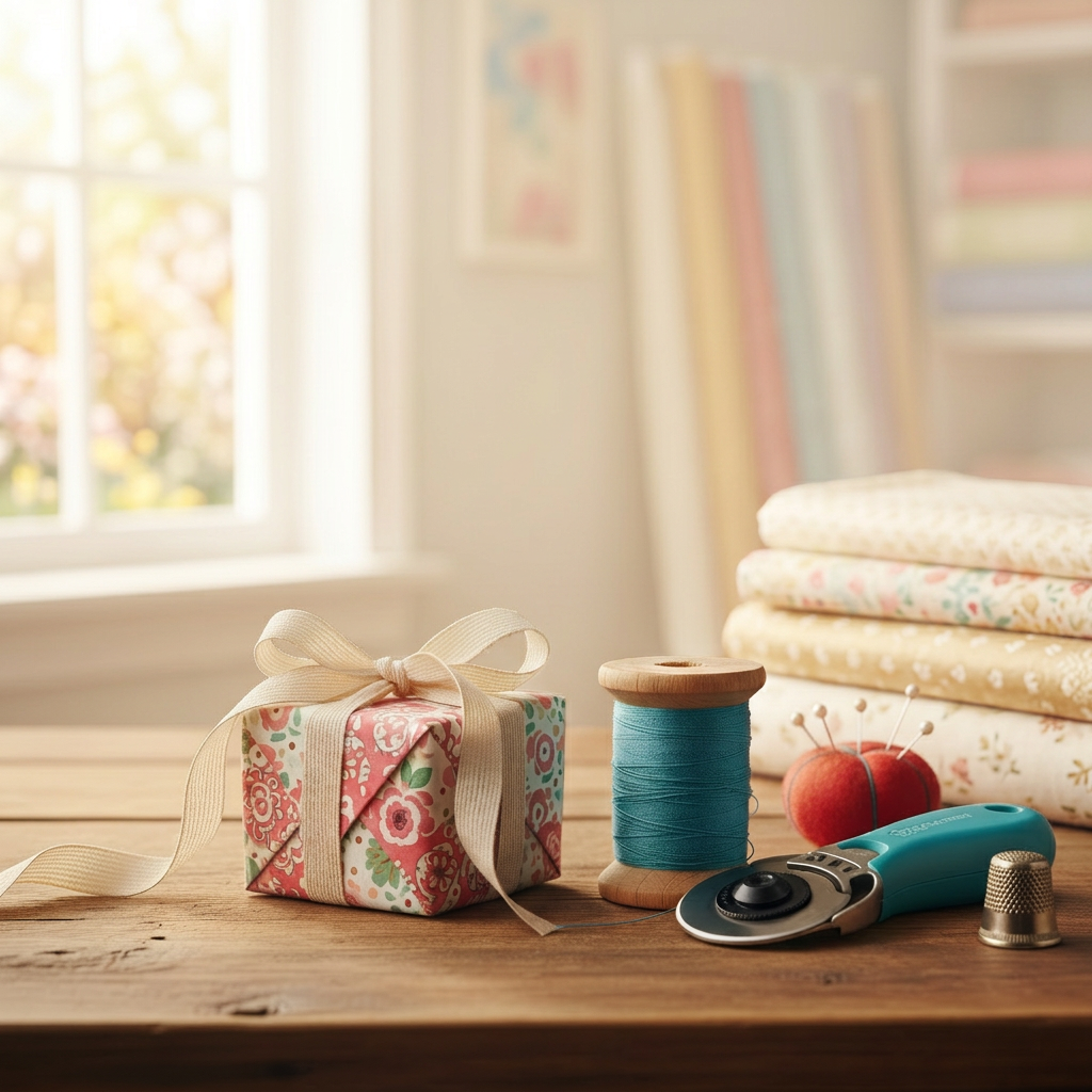 Fresh Surprise Gift Quilting Box Refresh the existing Surprise Gift product image with a bright, contemporary quilting aesthetic. Keep the gift box as the main subject and keep the spool of thread and rotary cutter positioned beside it, clearly visible and unchanged in concept. Give the gift box fresher, more appealing colors and modern fabric details, using soft blush pink, sage green, cream, and a touch of coral or berry. Improve brightness, contrast, and presentation while preserving the square composition, light background, product-photo style, and the recognizable gift box, thread, and rotary cutter arrangement.
