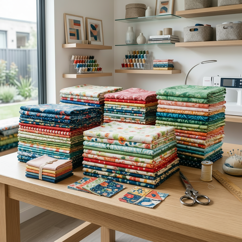 Keep the same scene of neatly stacked colorful quilting fabrics on a wooden table with scissors and sewing tools, but make the fabrics look more natural and tactile: introduce believable variation in weave, folds, edges, thickness, and subtle imperfections; avoid repetitive or cloned patterns and avoid an overly smooth AI-generated appearance. Preserve the overall composition, colors, and quilting-supply context.
